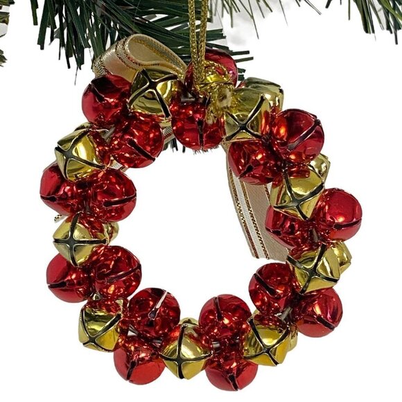 Jingle Bells Wreath Christmas Ornament Red Gold 3" - Picture 2 of 4